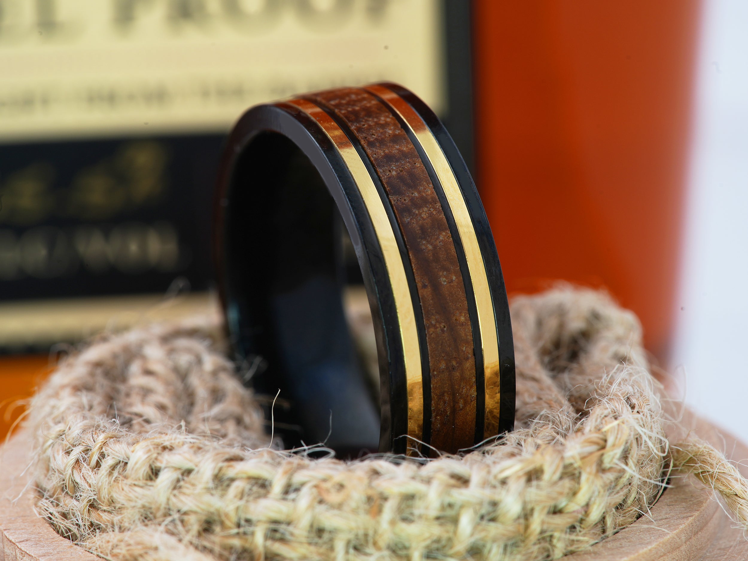 The Castor | Black Titanium Wedding Band with Tennessee Whiskey Barrel Wood Inlay