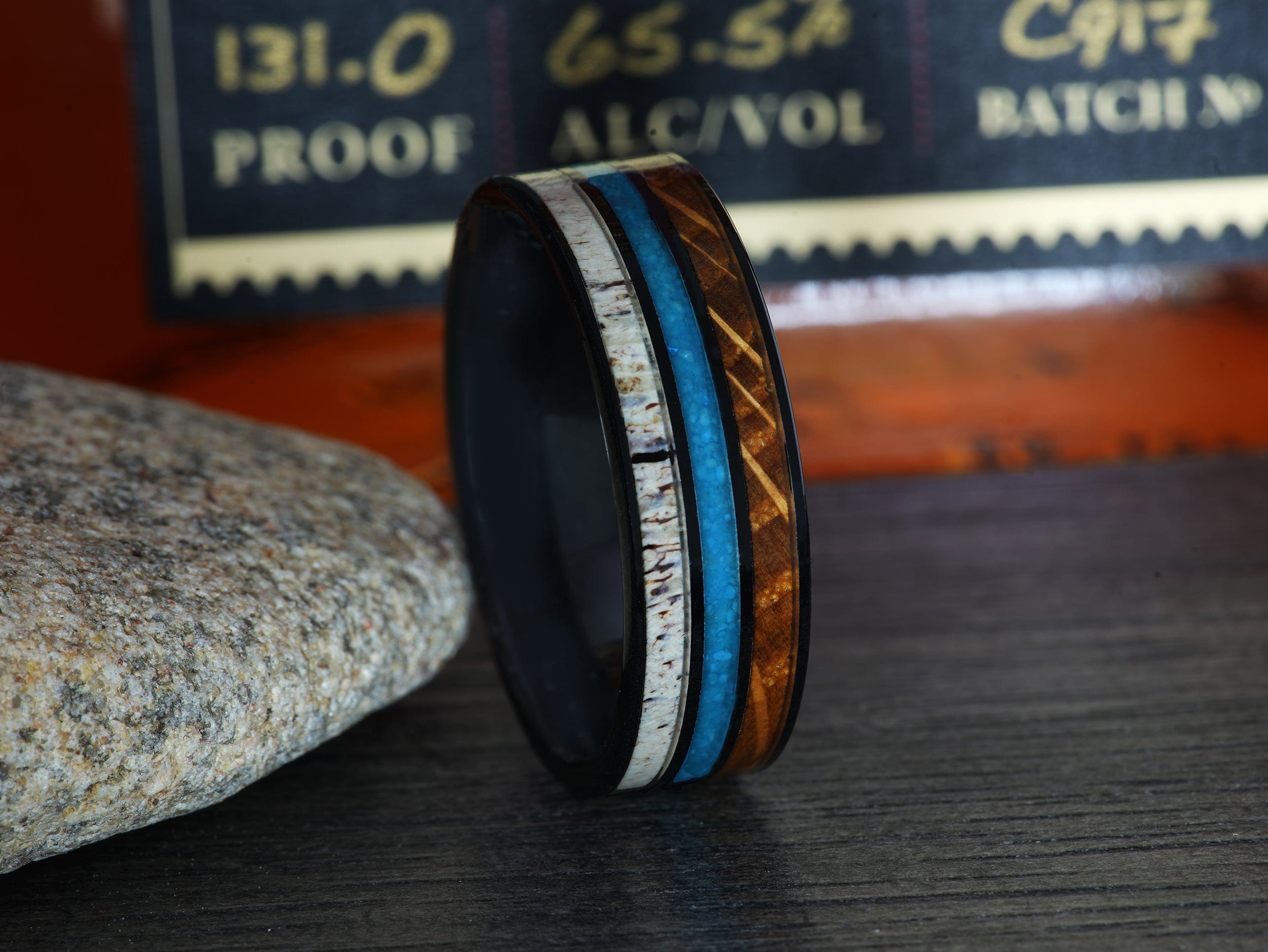 The Prospector | Mens Wedding Band Made of Ceramic, Bourbon Barrel Wood and Crushed Turquoise