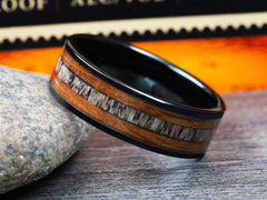 The Bambi | Black Ceramic Ring with Deer Antler and Whiskey Barrel Wood Inlay