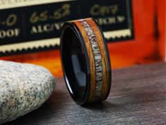 The Bambi | Black Ceramic Ring with Deer Antler and Whiskey Barrel Wood Inlay