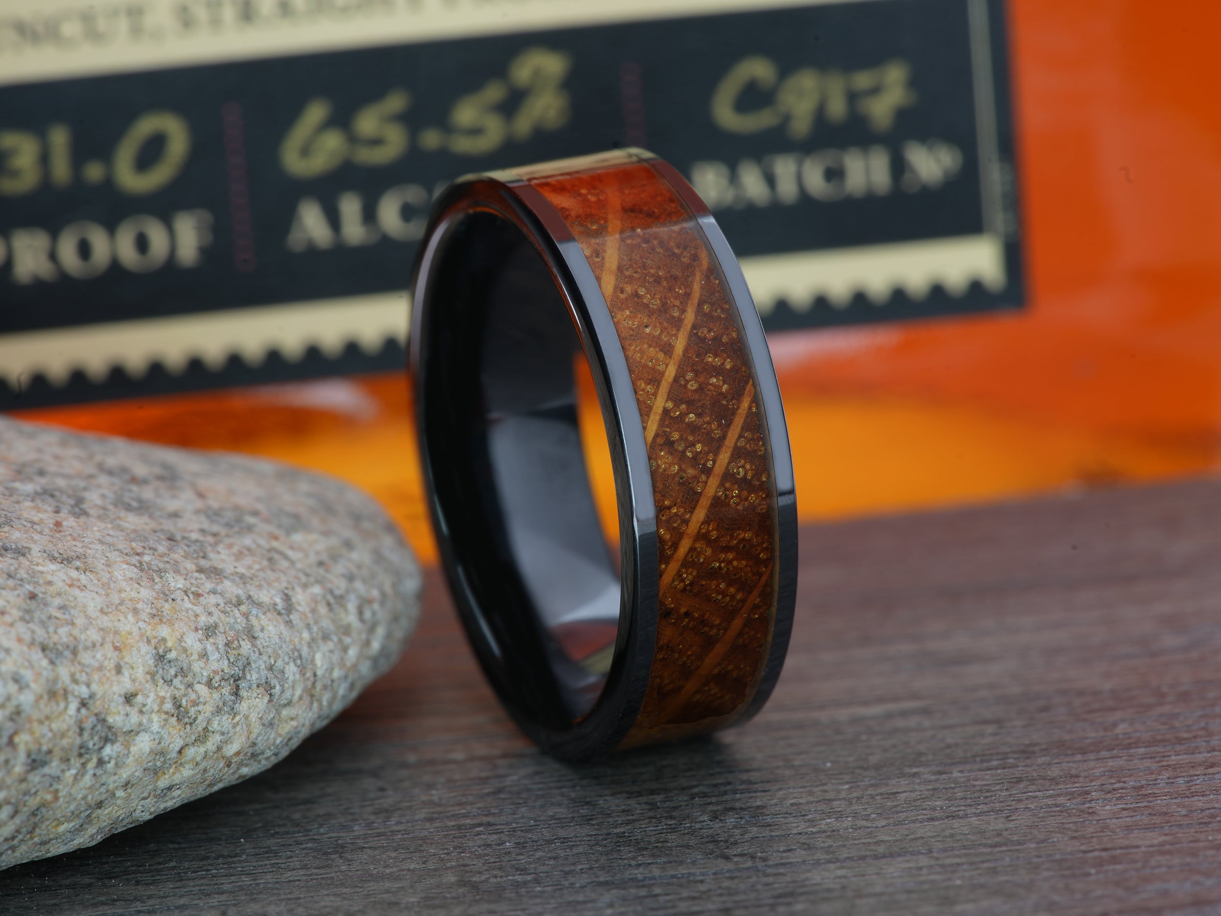 The Barrel | Weathered Whiskey Wood and Black Ceramic Ring