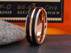 The Saturn | Rose Gold and Black Tungsten Ring with Beveled Edges