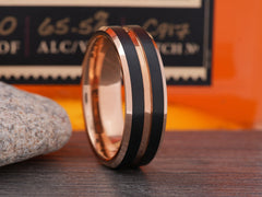 The Saturn | Rose Gold and Black Tungsten Ring with Beveled Edges