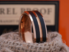 The Saturn | Rose Gold and Black Tungsten Ring with Beveled Edges