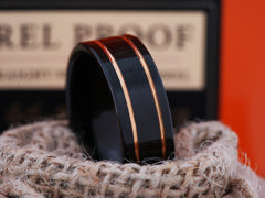 The Mars | Black Tungsten Ring with Two Rose Gold Grooves