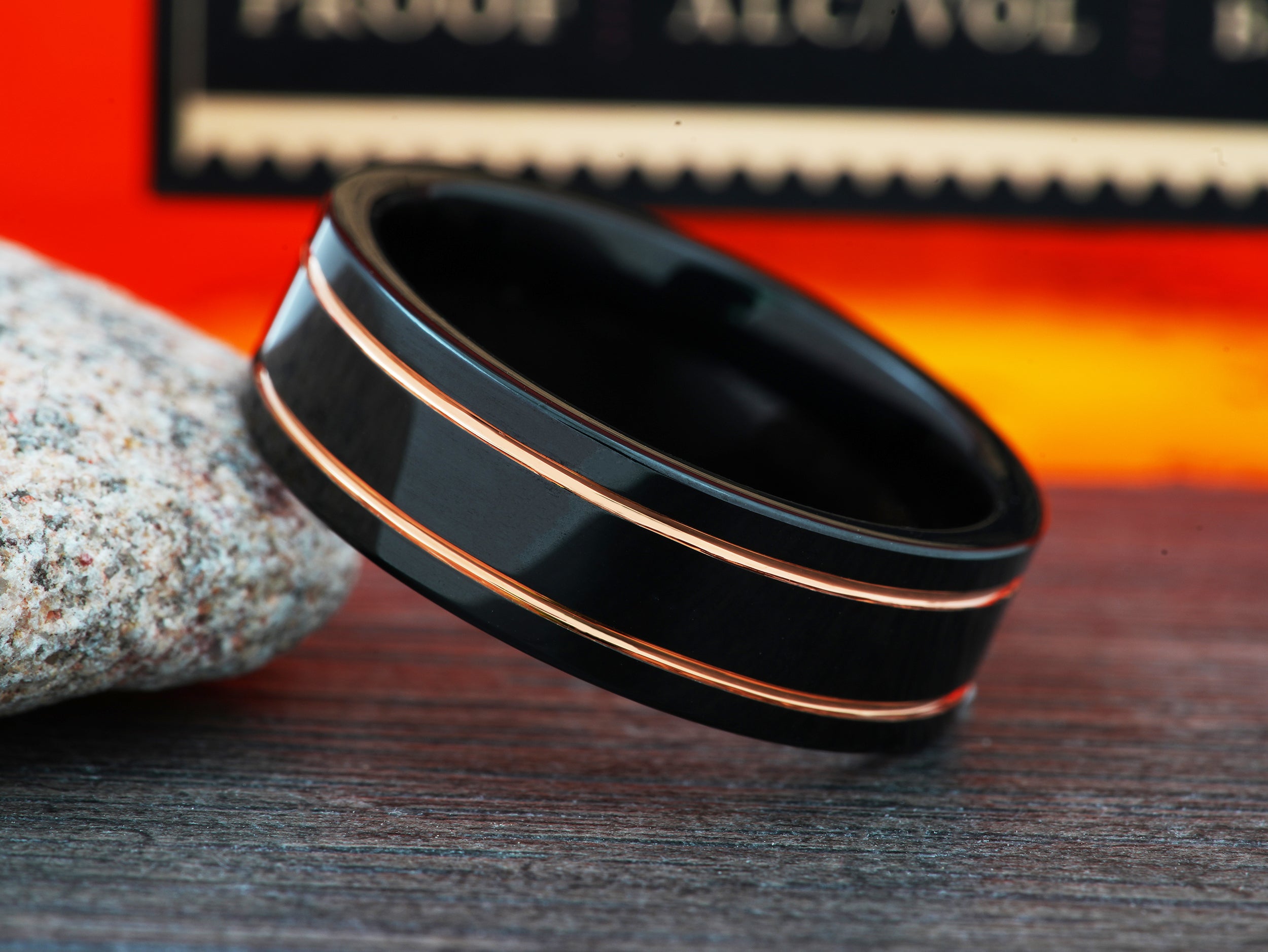 The Mars | Black Tungsten Ring with Two Rose Gold Grooves