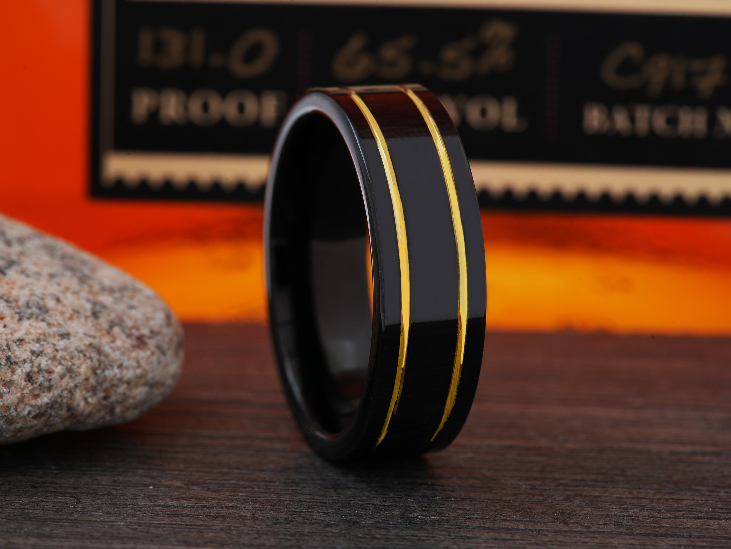 The Jupiter | Black Tungsten Ring with Two Gold Plated Grooves