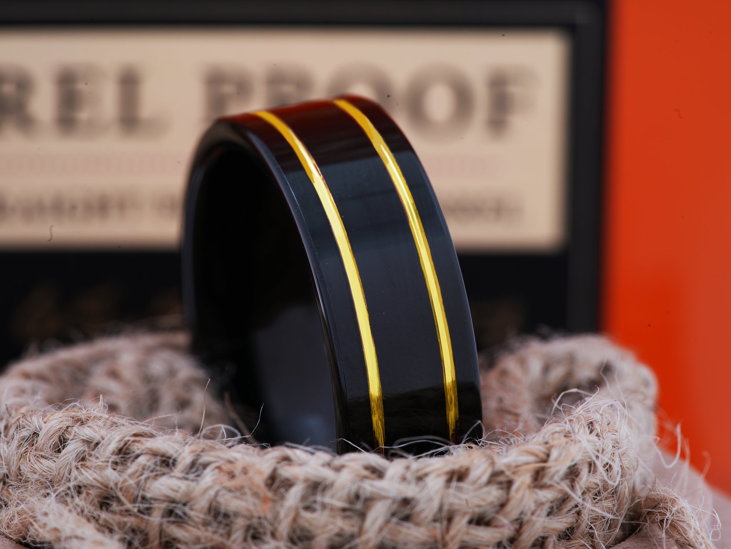 The Jupiter | Black Tungsten Ring with Two Gold Plated Grooves