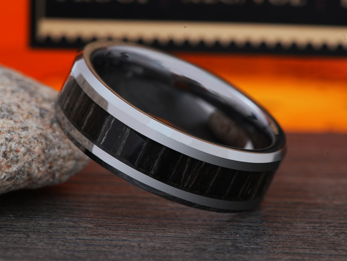 The Lincoln | Tungsten Wedding Band with Exotic Wood Inlay and beveled edges