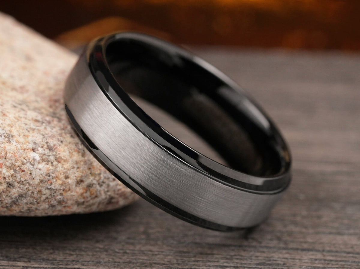The Tauros | Brushed Tungsten Wedding Band with Black Stepped Edges