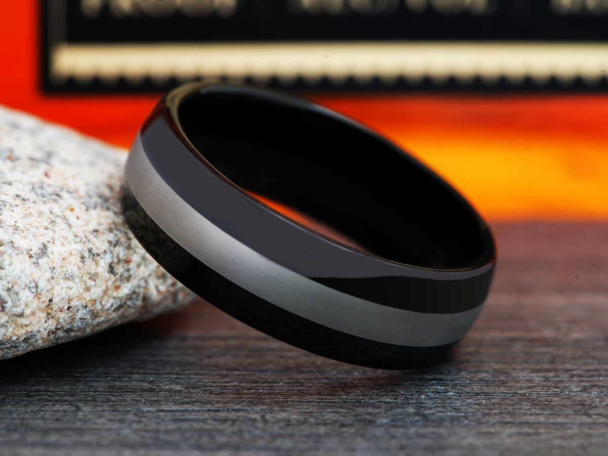The Tomcat | Black Tungsten Ring with Non-Plating Center Stripe