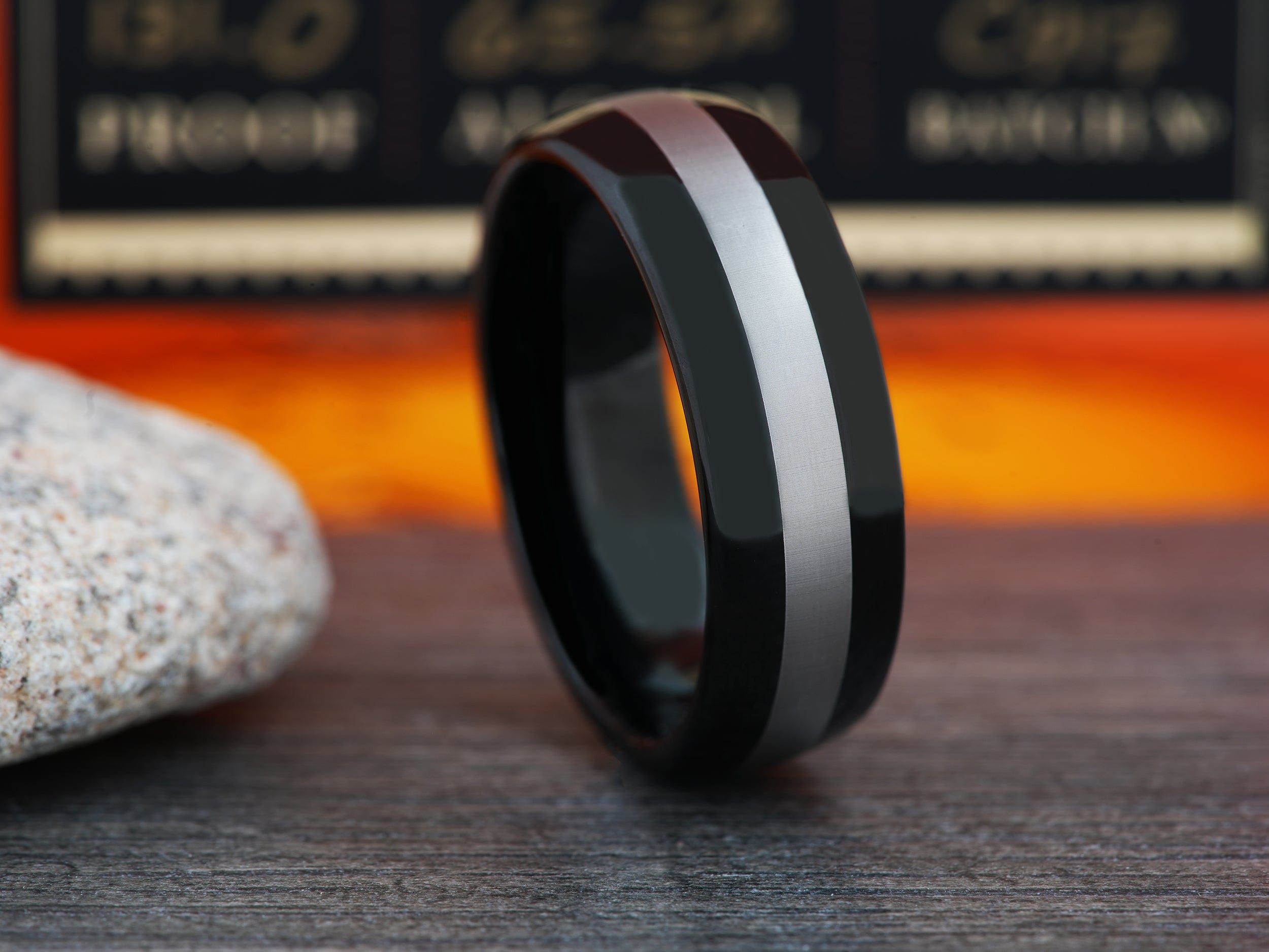 The Tomcat | Black Tungsten Ring with Non-Plating Center Stripe