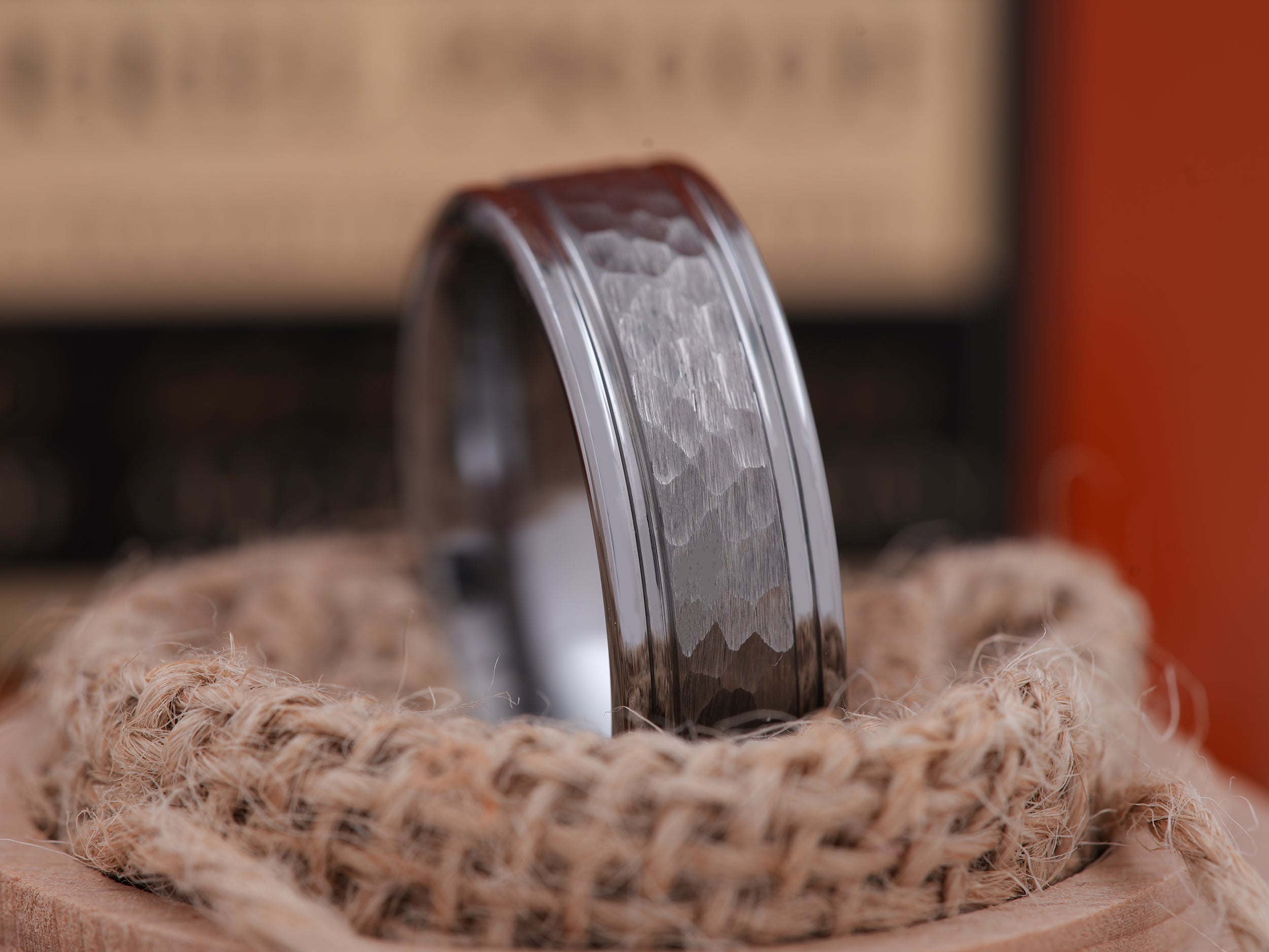 The Blacksmith | Hammered Tungsten Ring with Two Grooved Edges