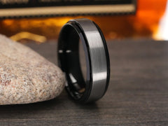 The Tauros | Brushed Tungsten Wedding Band with Black Stepped Edges