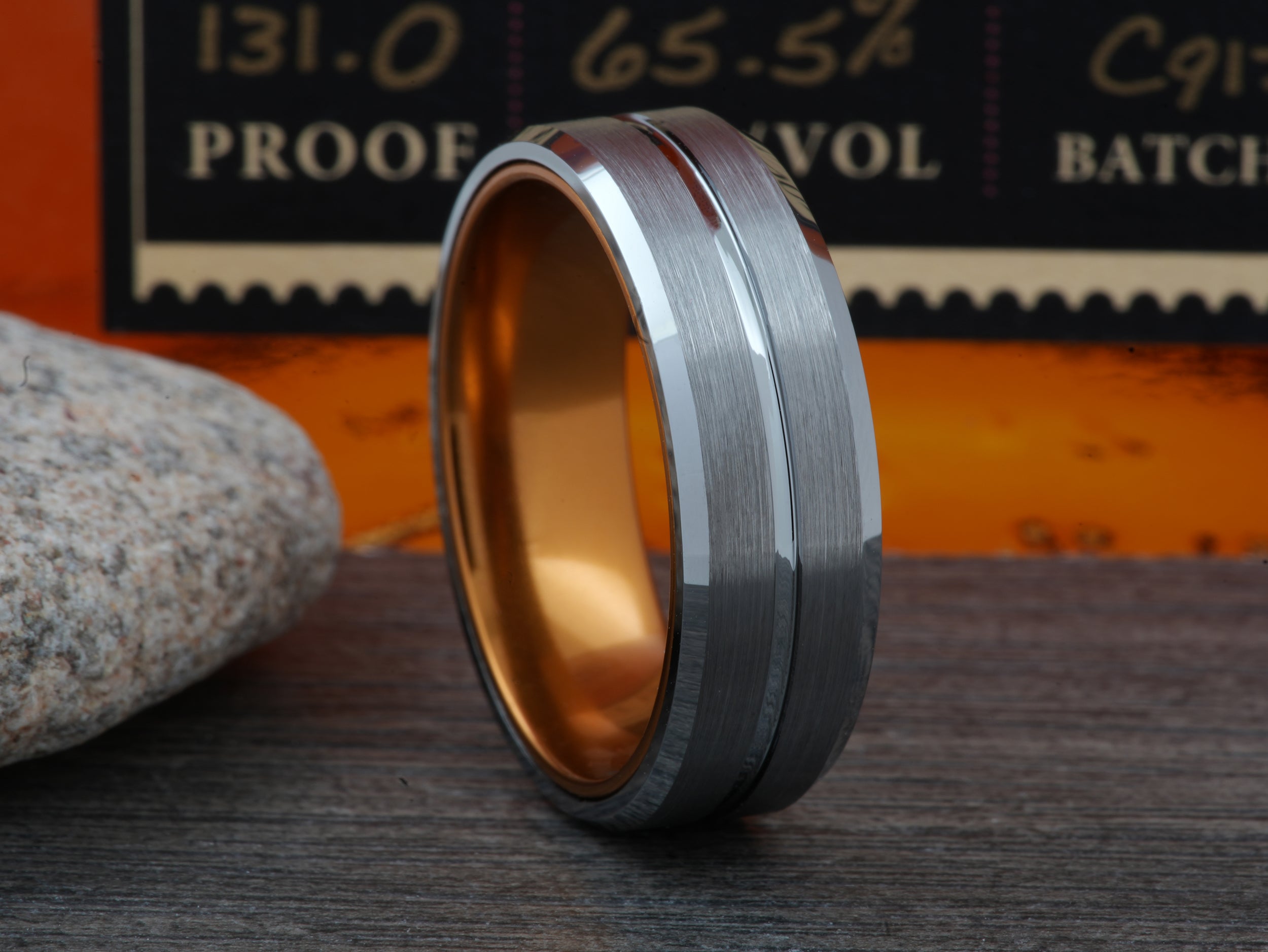 The Hidden Champagne | Silver Tungsten Ring with Anodized Aluminum Sleeve