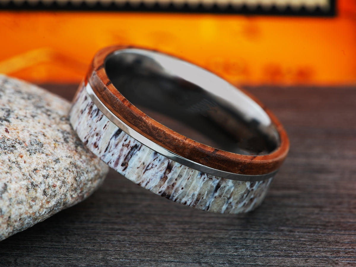The Huntsman | Titanium Ring with Deer Antler and Bourbon Barrel Wood