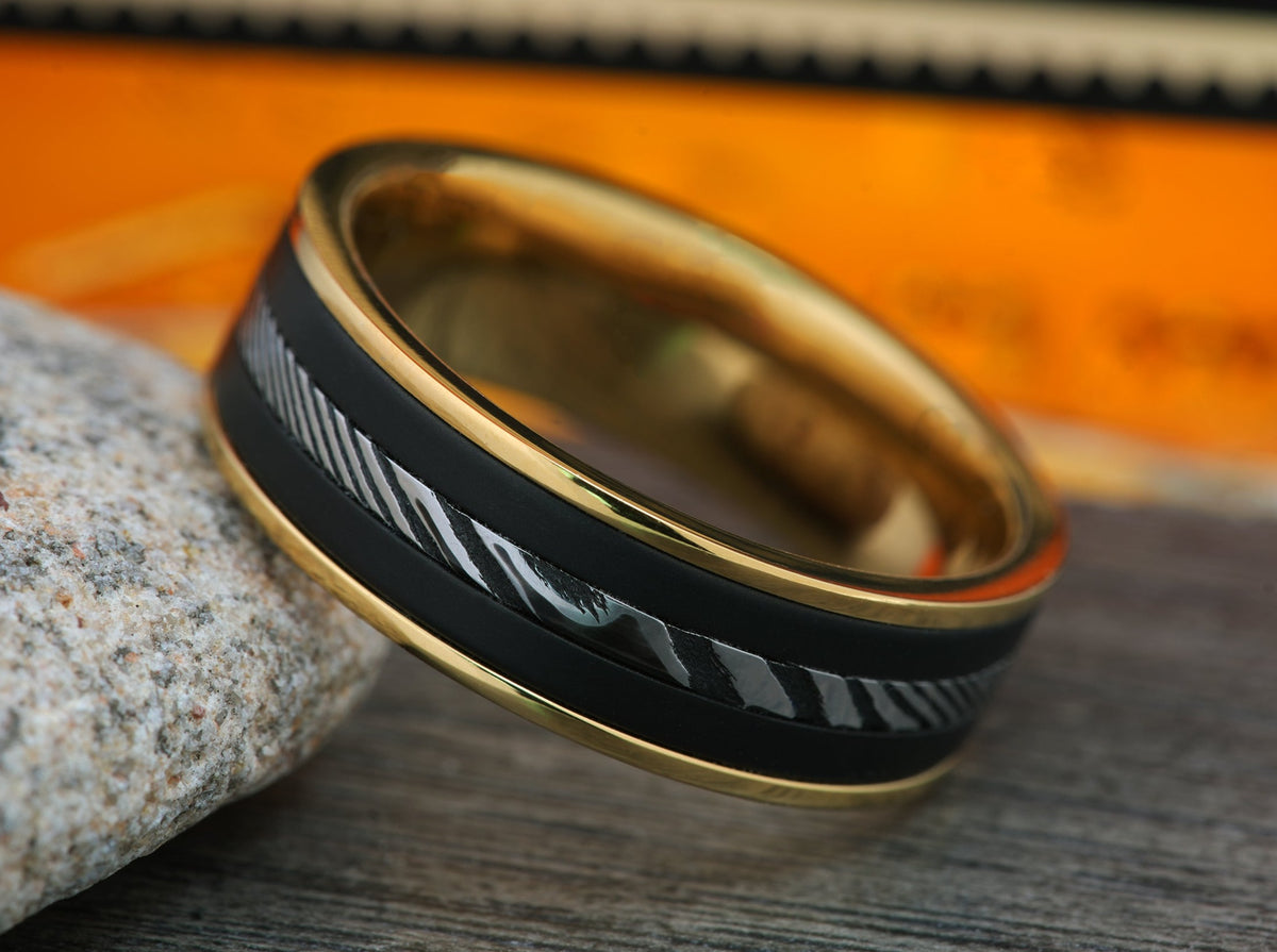 The Murakami | Gold Titanium Wedding Band with Damascus Steel Inlay