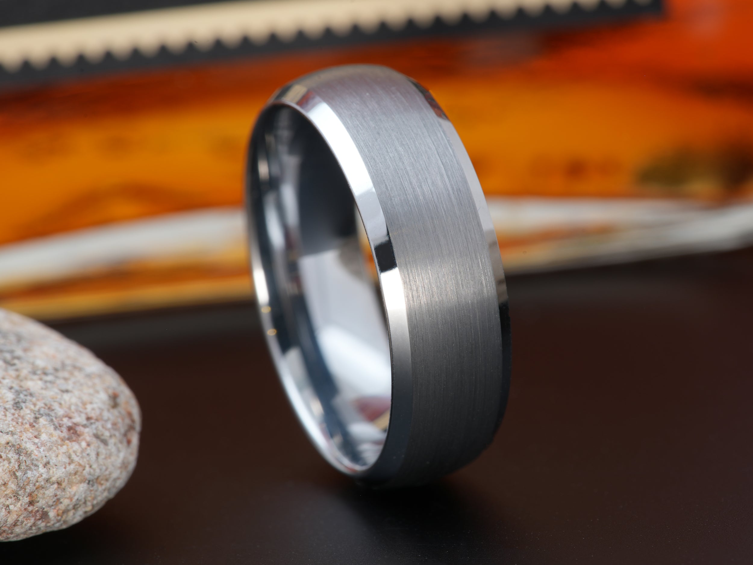 The Hero | Brushed Center Tungsten Wedding Band with Domed Profile and Beveled Edges