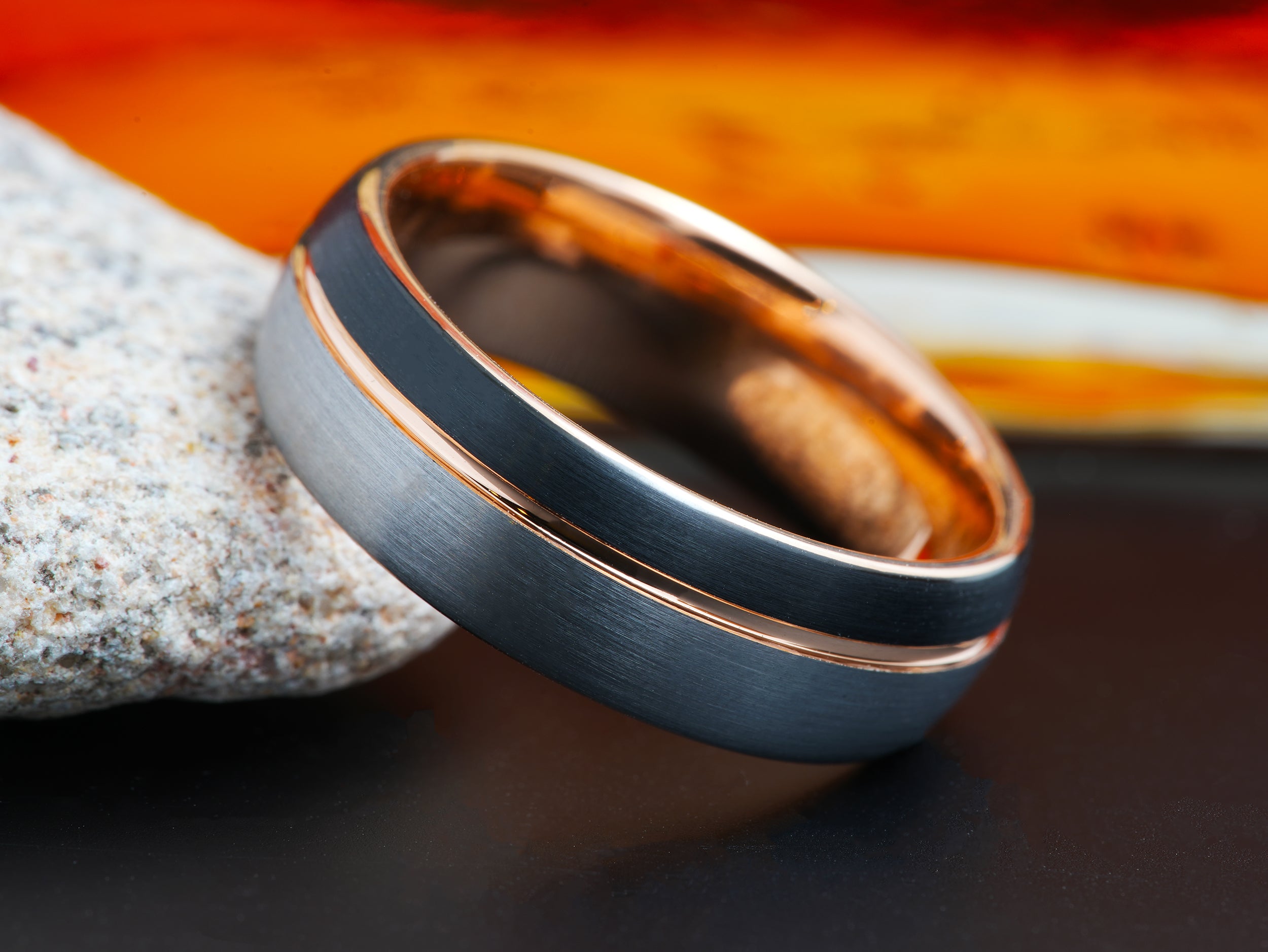 The Odin | Mens Wedding Band with Black and Brushed Face Separated by Rose Gold Groove
