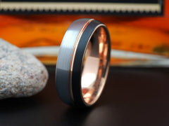 The Odin | Mens Wedding Band with Black and Brushed Face Separated by Rose Gold Groove