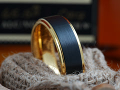 The Obscura | Black Wedding Band with Gold Plated Interior and Stepped Edges