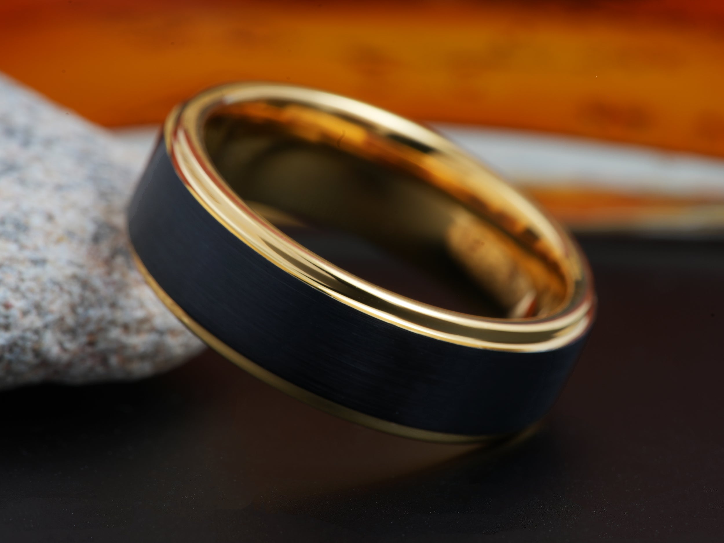 The Obscura | Black Wedding Band with Gold Plated Interior and Stepped Edges