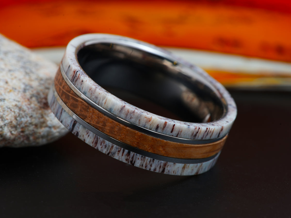 The Crockett | Titanium Wedding Band with Deer Antler and Tennessee Whiskey Barrel Wood