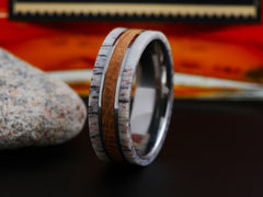 The Crockett | Titanium Wedding Band with Deer Antler and Tennessee Whiskey Barrel Wood