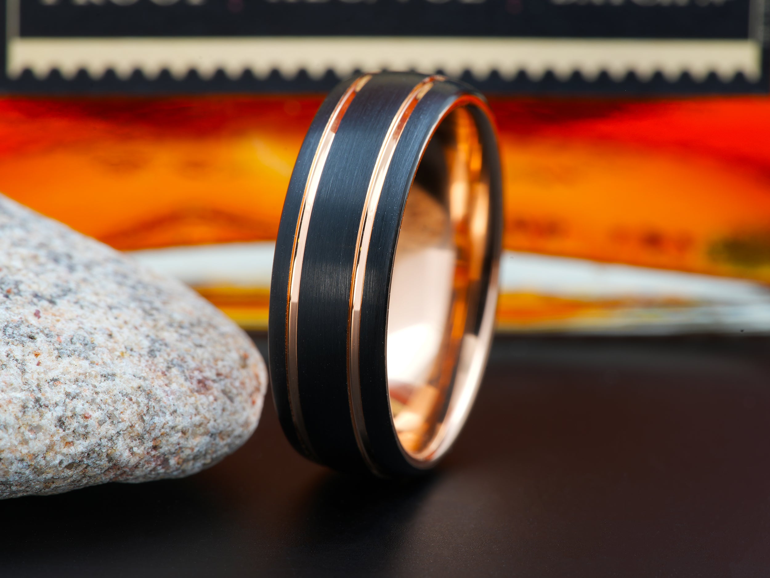 The Olis | Black Tungsten Wedding Band with Two Rose Gold Grooves