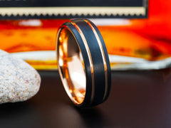 The Olis | Black Tungsten Wedding Band with Two Rose Gold Grooves