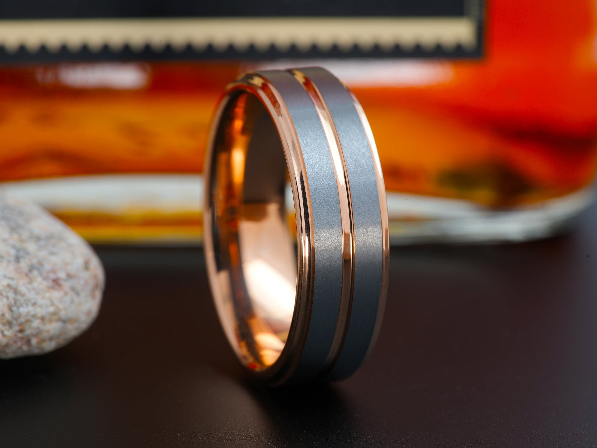 The Petersburg | Tungsten Wedding Band with Rose Gold Plated Edges and Groove