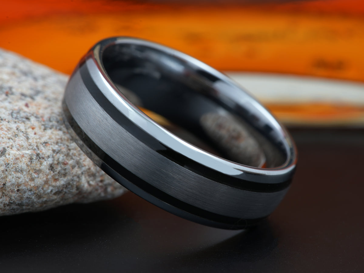 The Loki | Tungsten Wedding Band with Two Black Enamel Filled Grooves