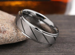 The Speeder | Tungsten Mens Wedding Band with Diagonal Grooves