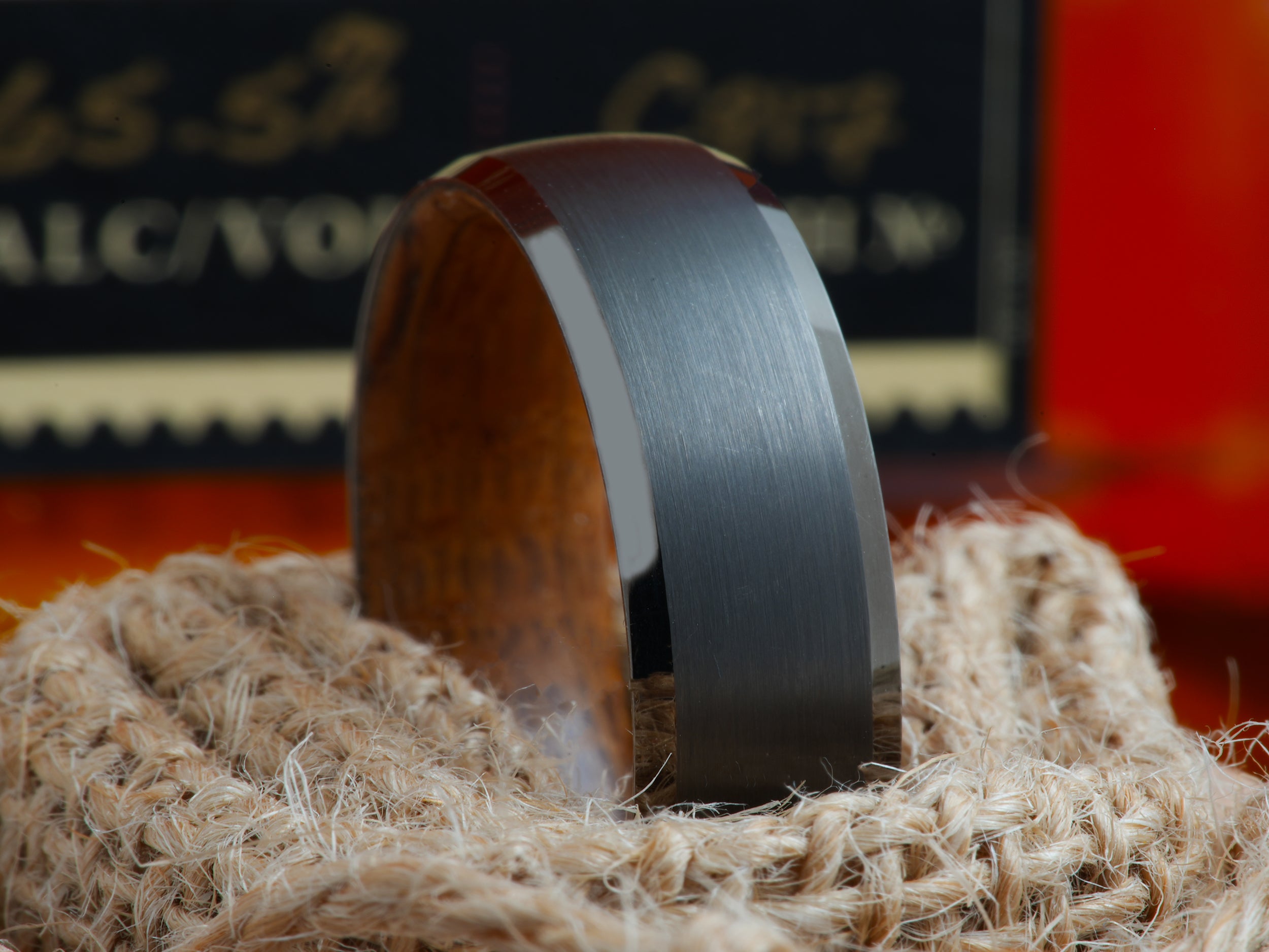 The Dominus | Gray Tungsten Wedding Band with Tennessee Whiskey Barrel Wood Inner Sleeve