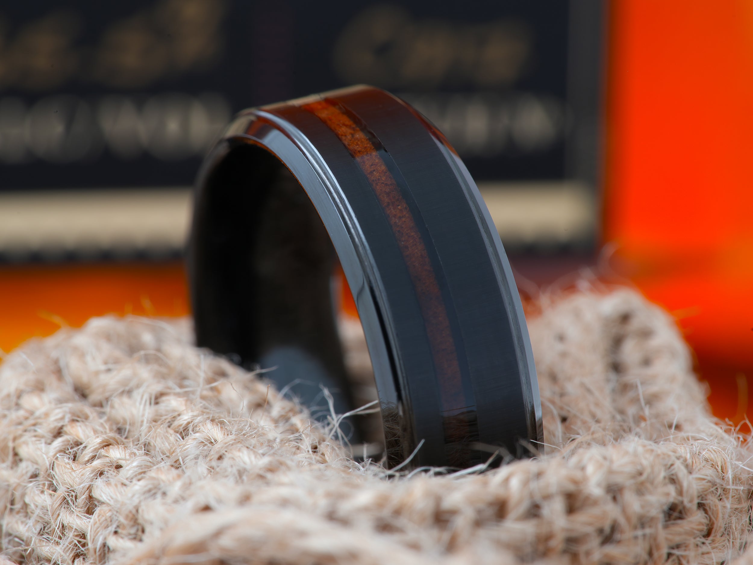 The Bentley | Black Tungsten Wedding Band with Offset Koa Wood Inlay