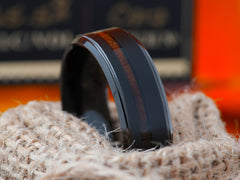 The Bentley | Black Tungsten Wedding Band with Offset Koa Wood Inlay