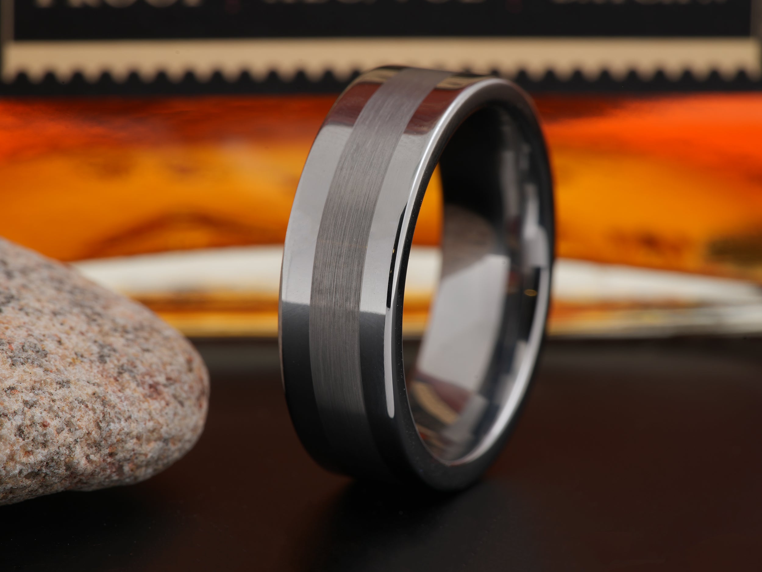 The Harrisburg | Tungsten Wedding Band with Brushed Center Stripe