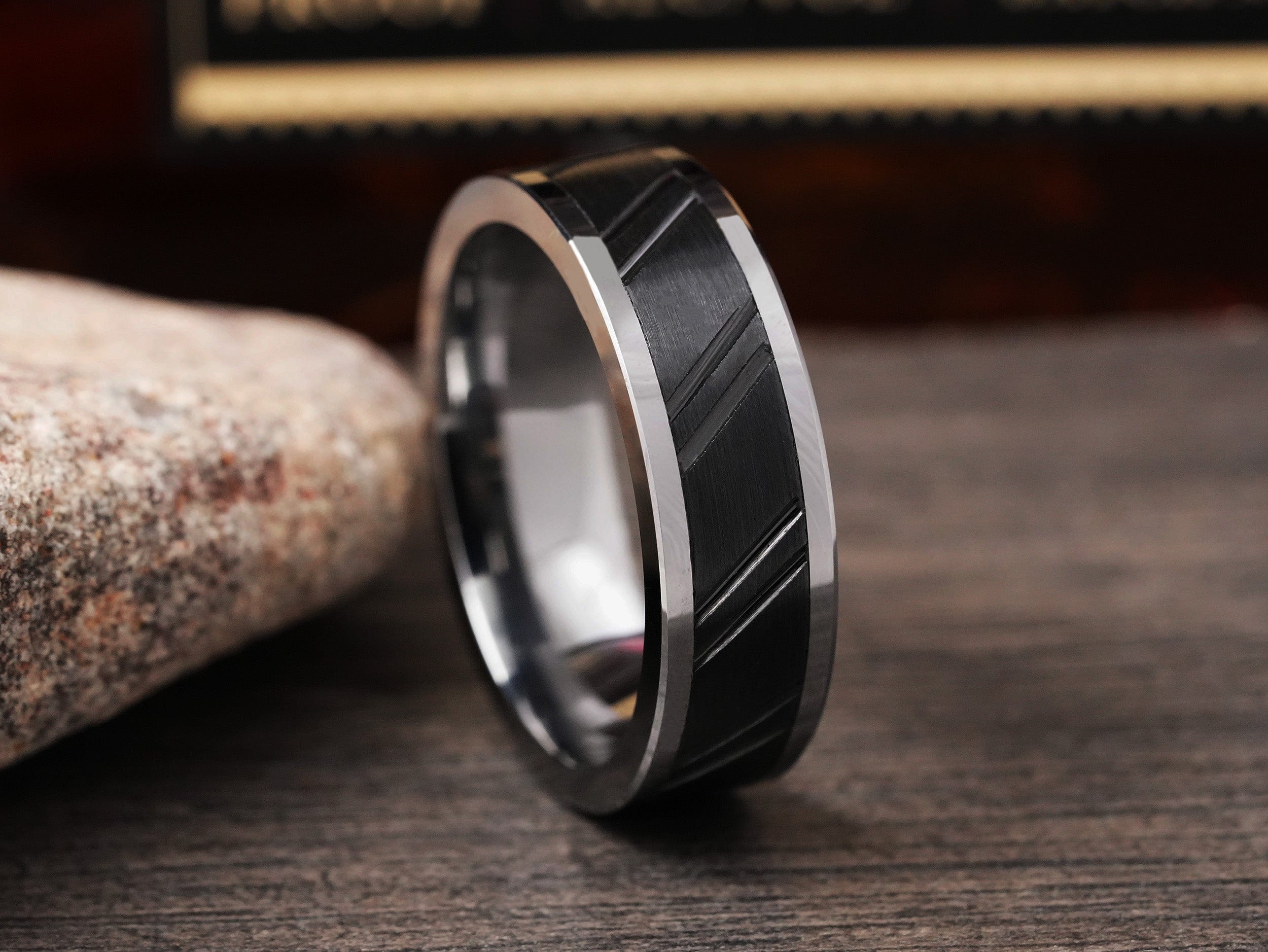 The Parade | Tungsten Wedding Band with Double Diagonal Grooves All Around