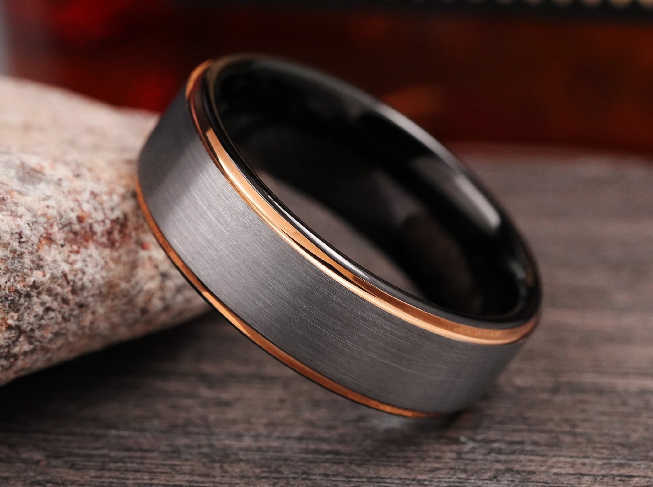 The DJ | Mens Wedding Band with Rose Gold Edge and Black Interior