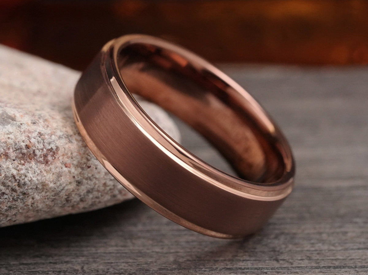 The Pluto | Bronze Tungsten Ring with Brushed Center and Stepped Edges