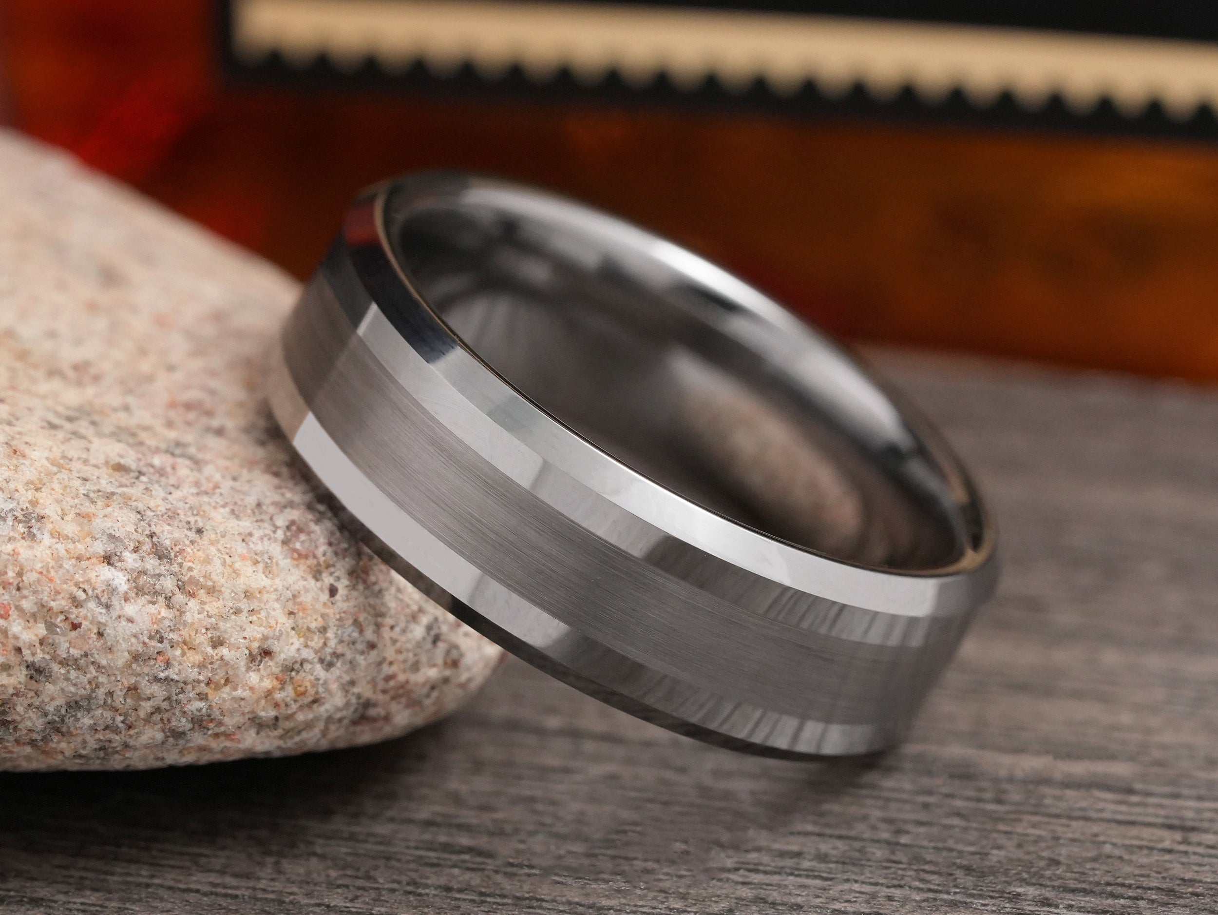 The Forte | Brushed Center Tungsten Wedding Band with Beveled Edges