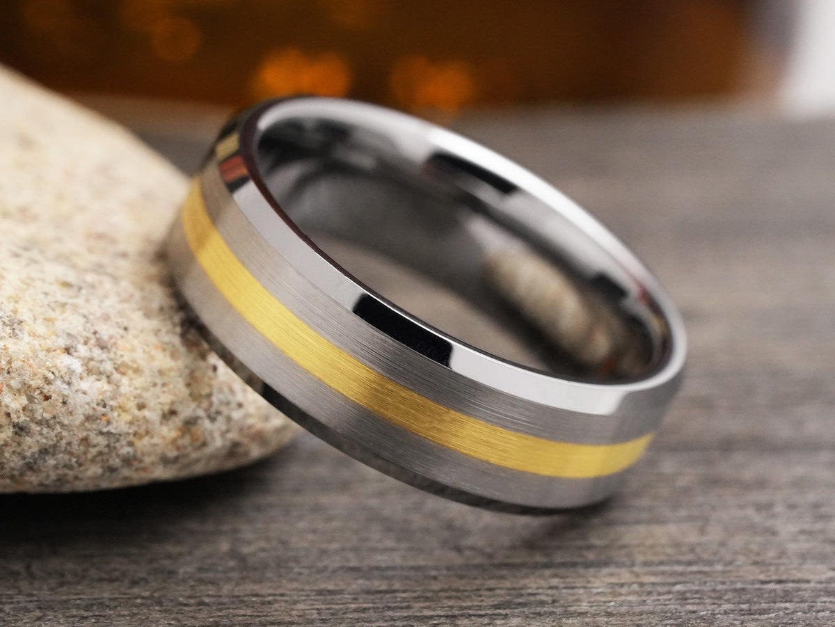 The Venus | Tungsten Wedding Band with Gold Plated Center Stripe
