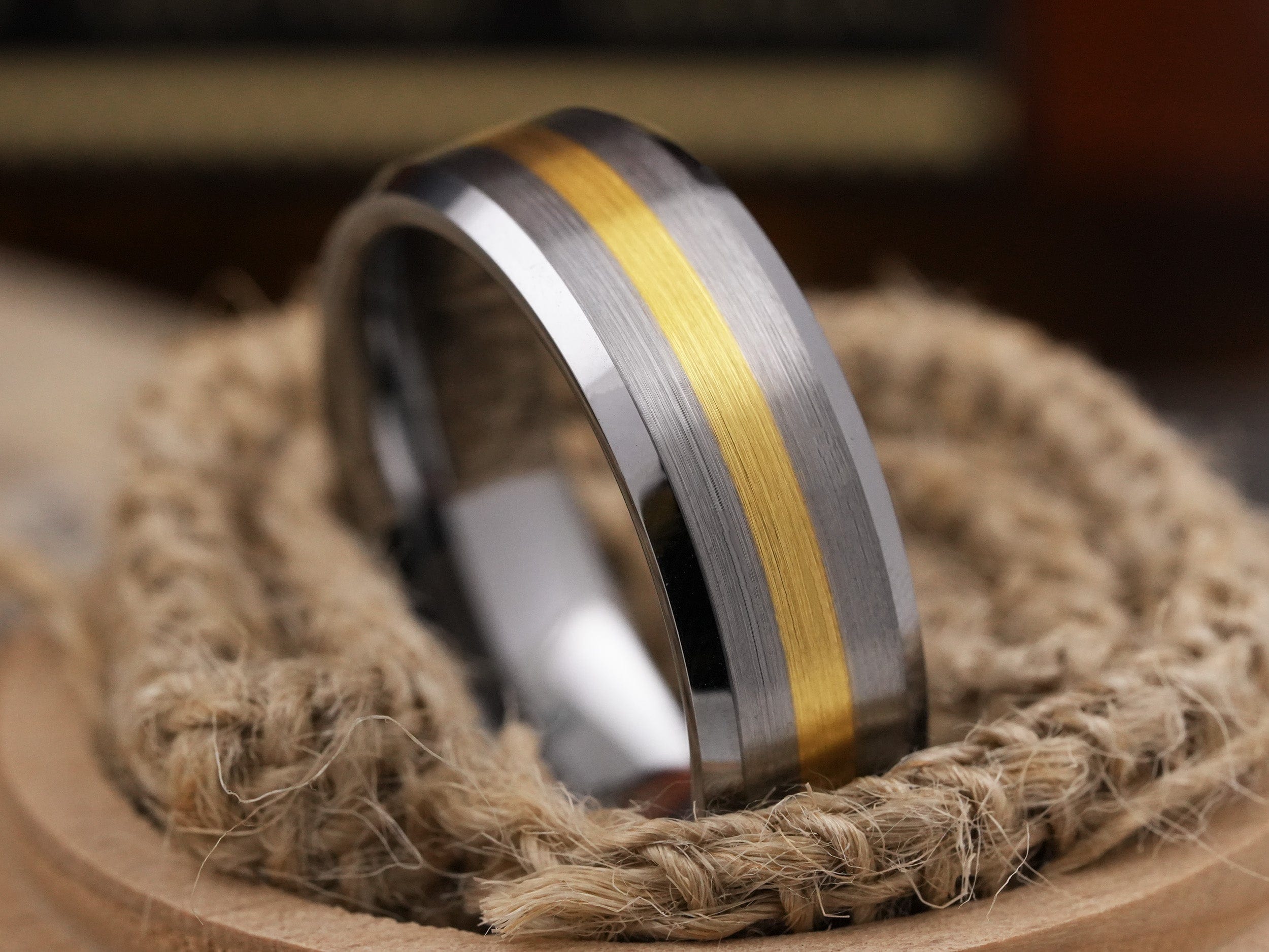 The Venus | Tungsten Wedding Band with Gold Plated Center Stripe