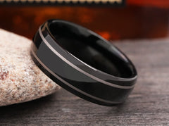 The Eris | Black Tungsten Wedding Band with Two Silver Color Stripes