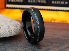 The Space Rock | Black Tungsten Wedding Band Sandblasted Made with Real Meteorite Bits