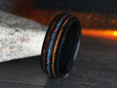 The Journey | Mens Wedding Ring Made Of Ceramic, Crushed Opal and Burnt Whiskey Barrel Wood