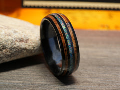 The Journey | Mens Wedding Ring Made Of Ceramic, Crushed Opal and Burnt Whiskey Barrel Wood