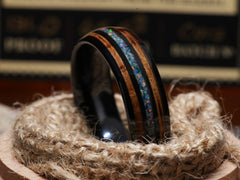 The Journey | Mens Wedding Ring Made Of Ceramic, Crushed Opal and Burnt Whiskey Barrel Wood
