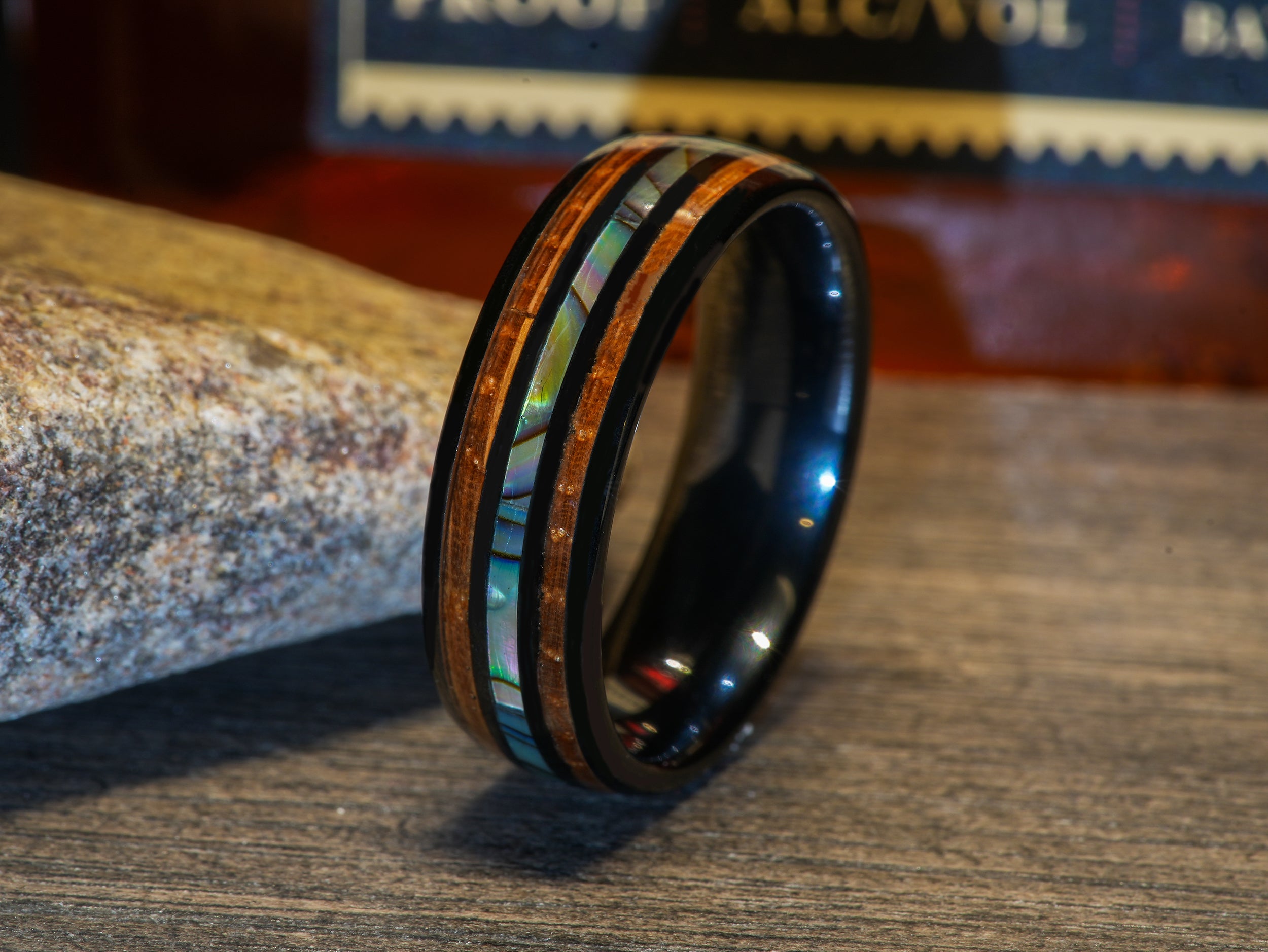 The Benton | Mens Wedding Ring Made Of Ceramic, Abalone Seashell and Burnt Whiskey Barrel Wood