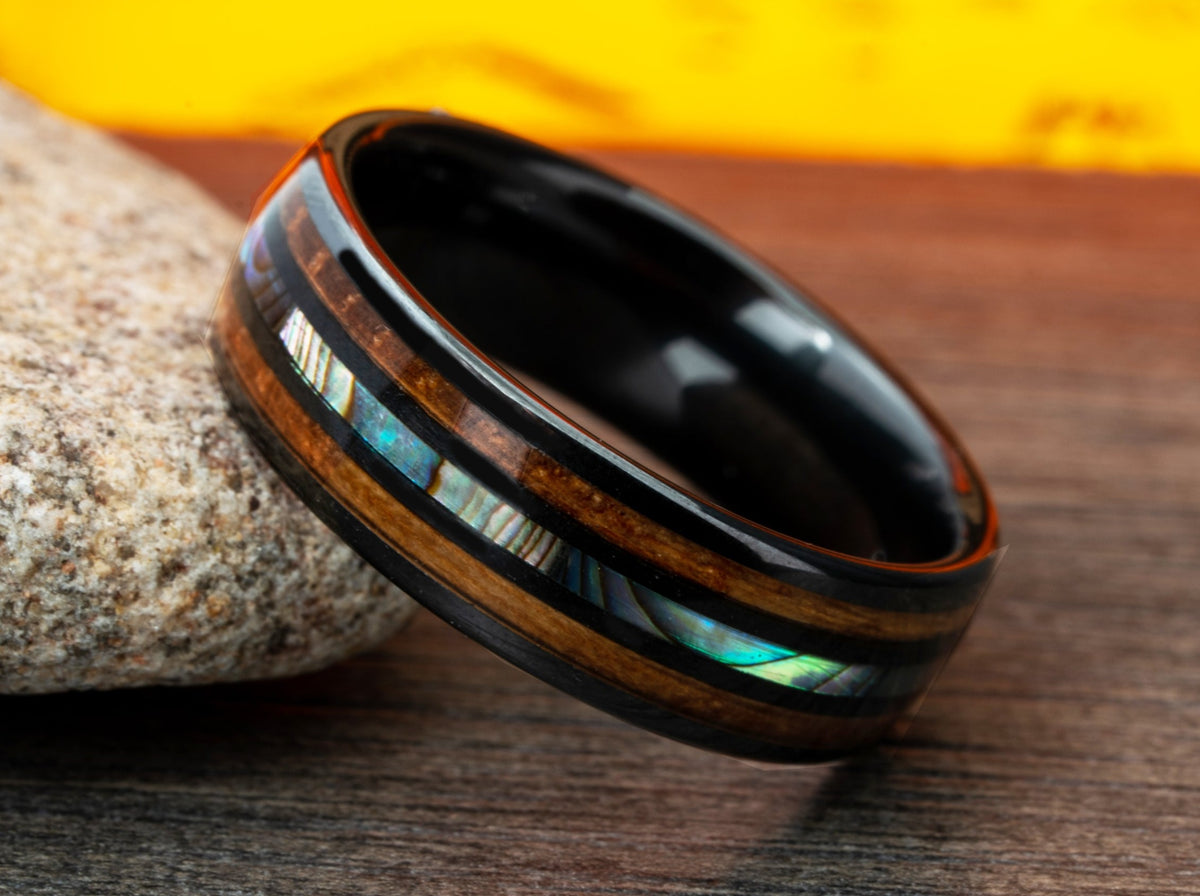 The Benton | Mens Wedding Ring Made Of Ceramic, Abalone Seashell and Burnt Whiskey Barrel Wood
